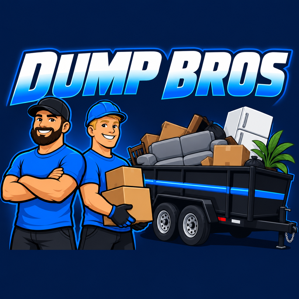 Two Dump Bros haulers next to a trailer loaded with junk
